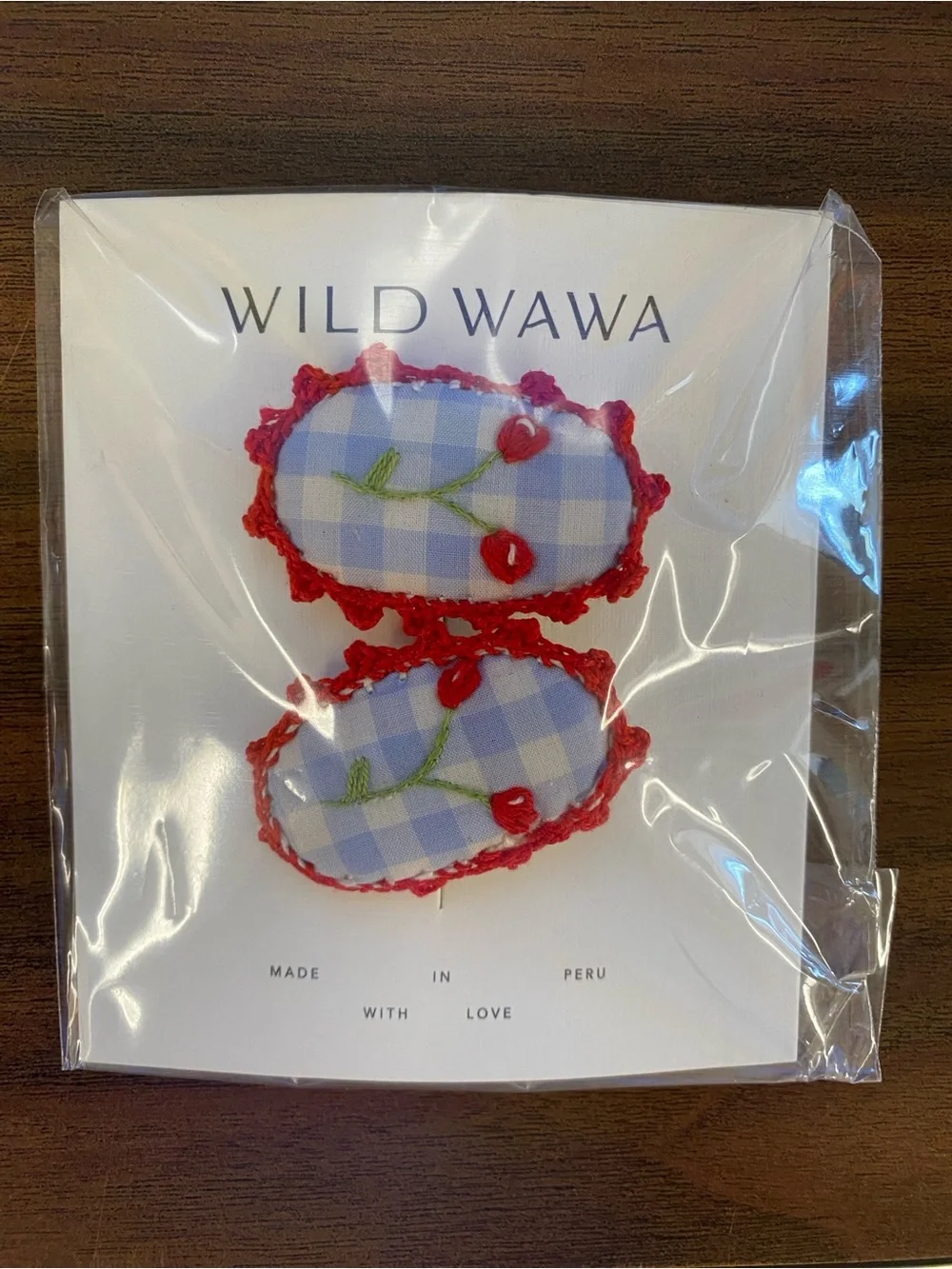 Wild Wawa Blue Gingham Cherry Hair Clips / NIB
